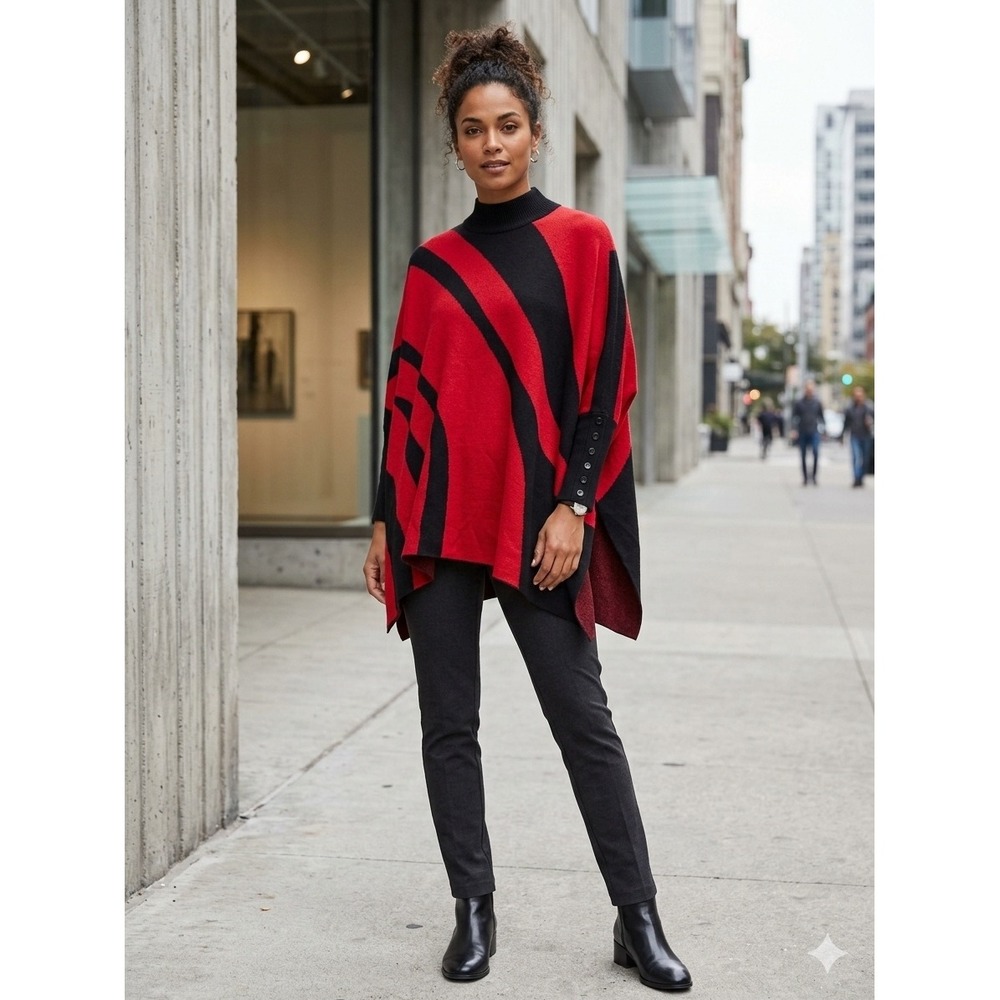 Chico's Mock Neck Sweater Poncho Red Black Abstract Swirl XXS/XS